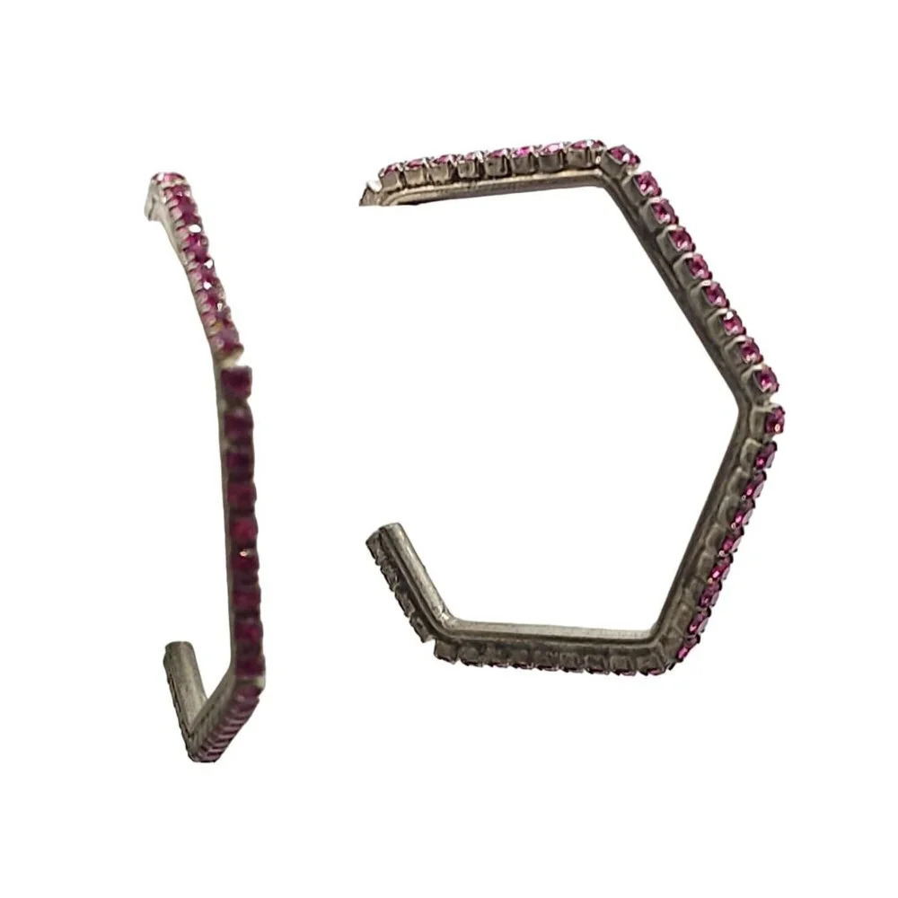 Pink Rhinestone Slide Hexagon Hoop Earrings Silver Tone Vintage